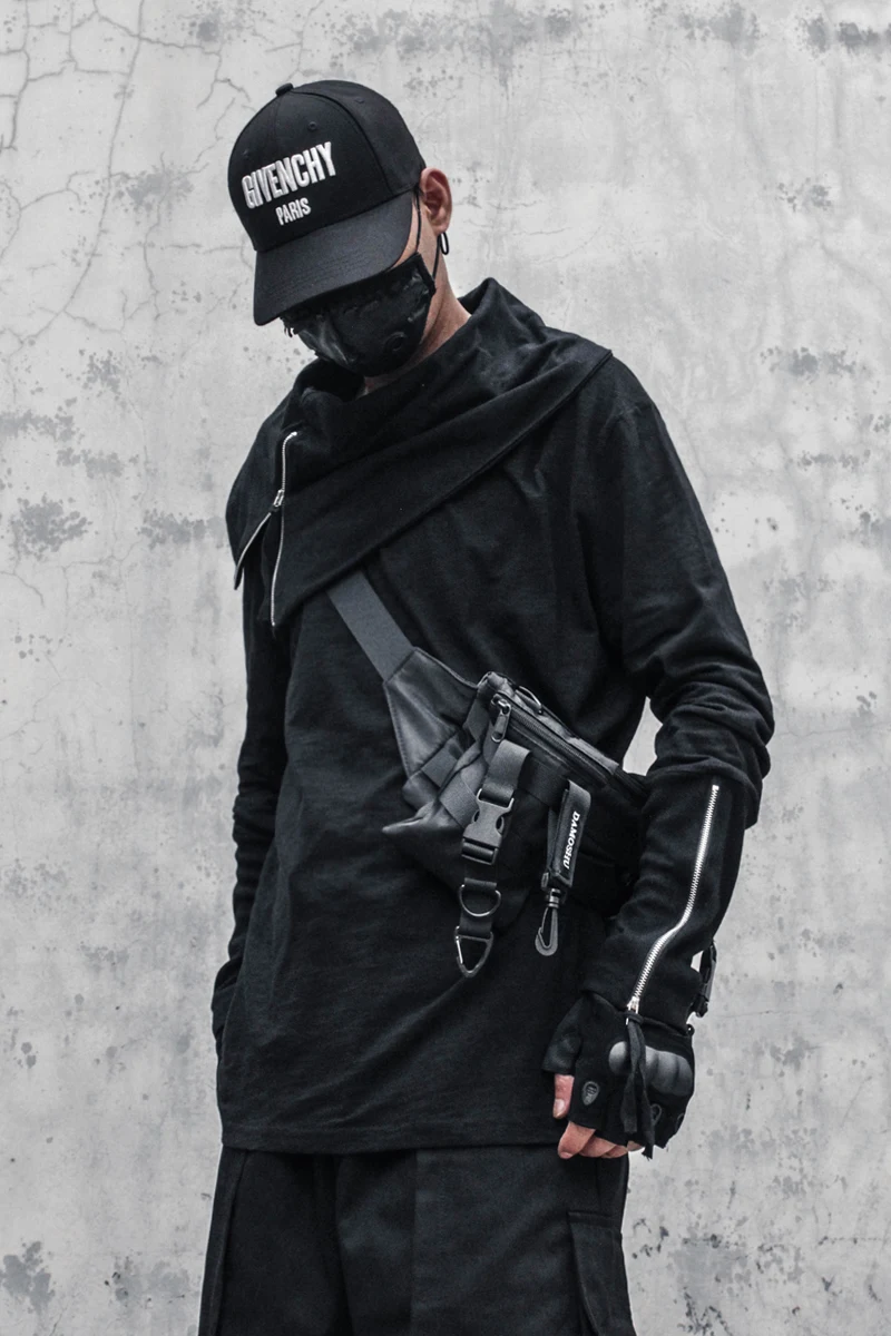Camiseta masculina de gola alta irregular, manga longa e solta. Conforto e estilo para um visual moderno e descontraído. — foto 2
