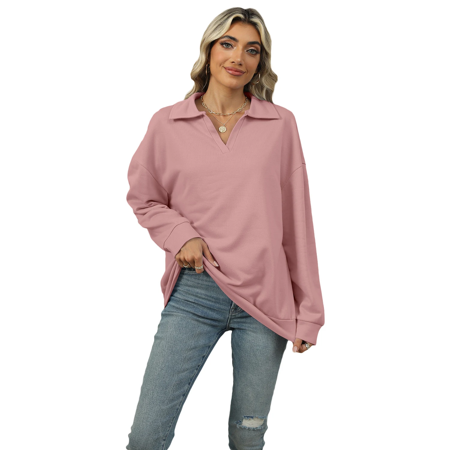 Neues Revers-V-Ausschnitt-Sweatshirt, modisch, lässig, locker, einfarbig, langärmeliges Pullover-Top für Damenbekleidung — foto 2