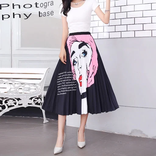 Title 2, Elastic Waist Pleated Mid-length Skirt with Pri...