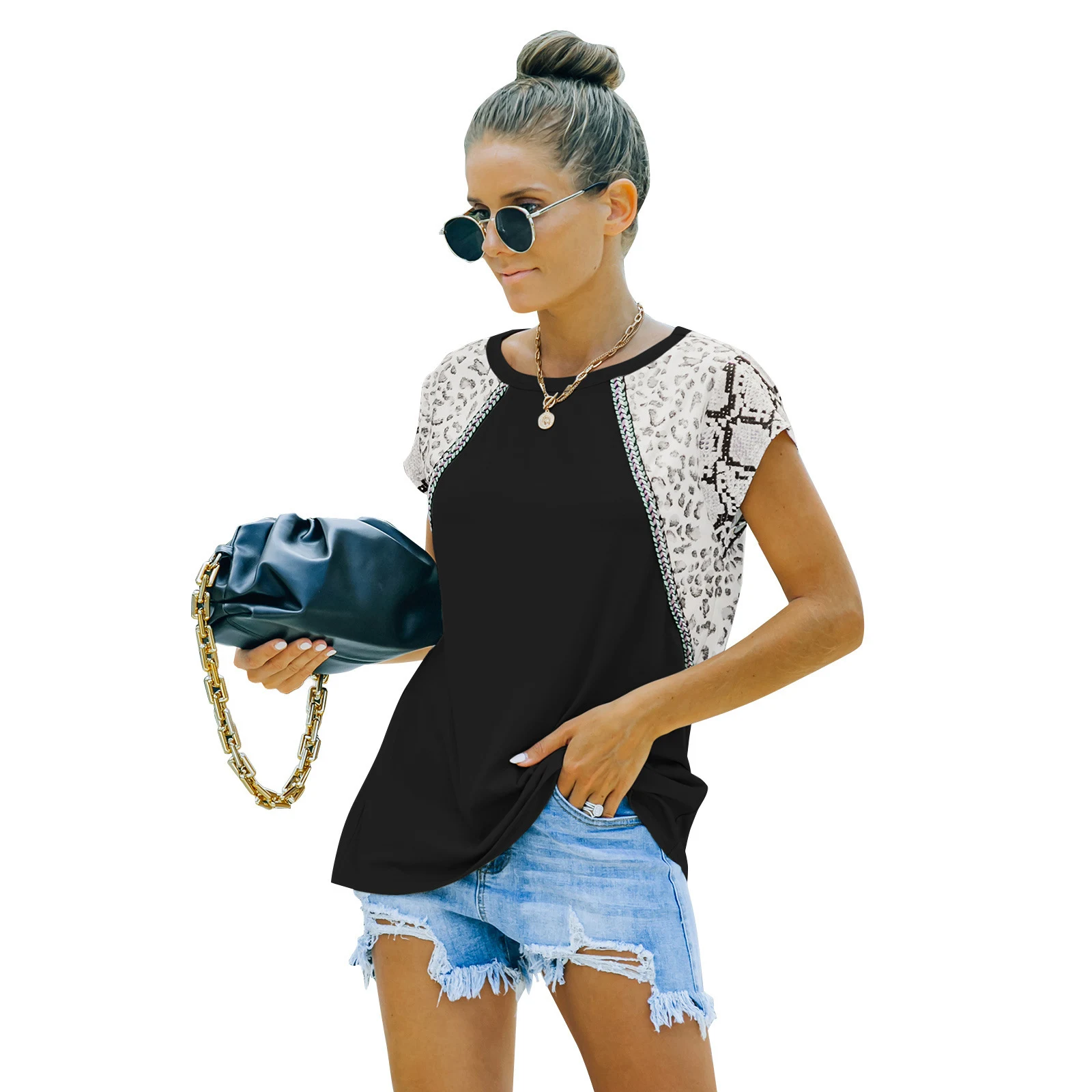Title 32, Short Sleeve Color Contrast Top Women Loose Rou...