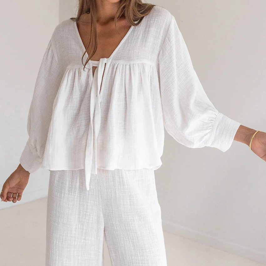 Conjunto pijama feminino de crepe de manga longa com duas camadas, calças soltas. Conforto e elegância para noites tranquilas. — foto 15