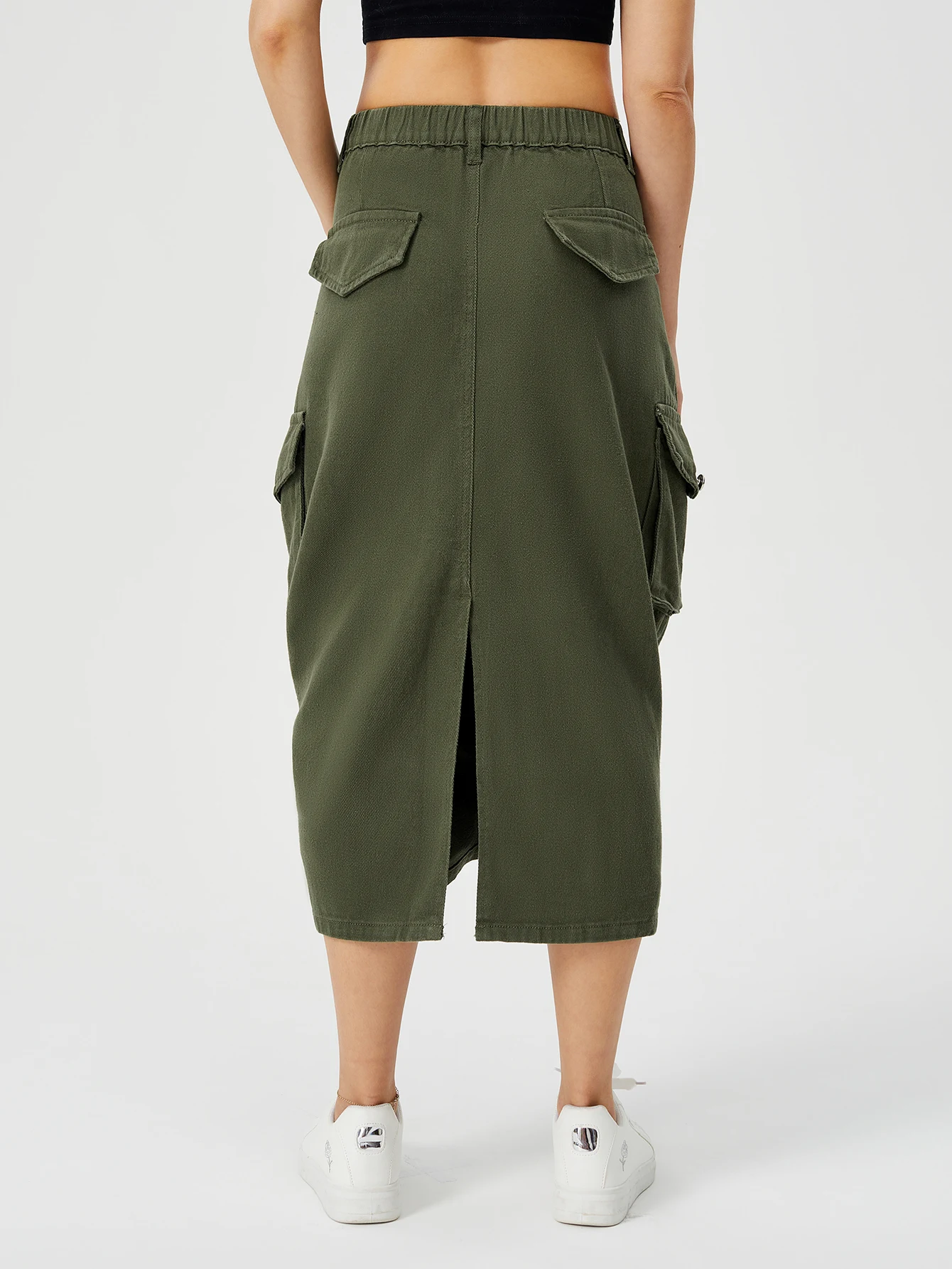 Saia Cargo Longa Feminina Casual Streetwear Solta Cintura Alta Fenda Frontal Maxi Saia Com Bolso — foto 8
