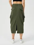 Saia Cargo Longa Feminina Casual Streetwear Solta Cintura Alta Fenda Frontal Maxi Saia Com Bolso — foto 8