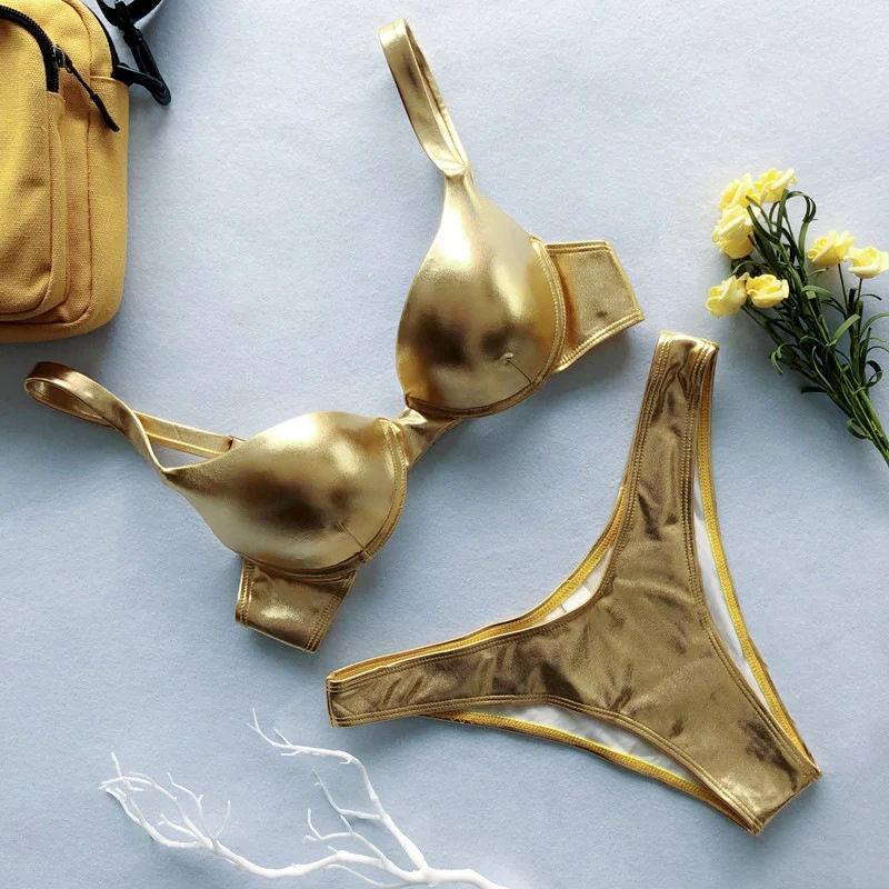 Amazon Bikini de dos piezas con cuero brillante, estilo europeo y americano, con fruncido y diseño de natación transfronteriza. — foto 6