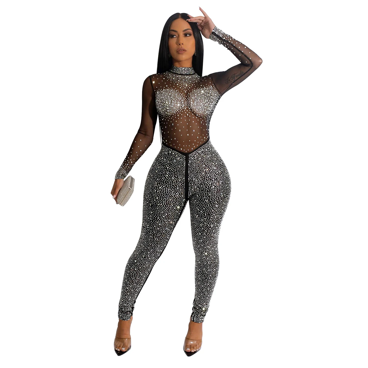 Title 4, Mode dames jumpsuit effen kleur met mesh, hot d...