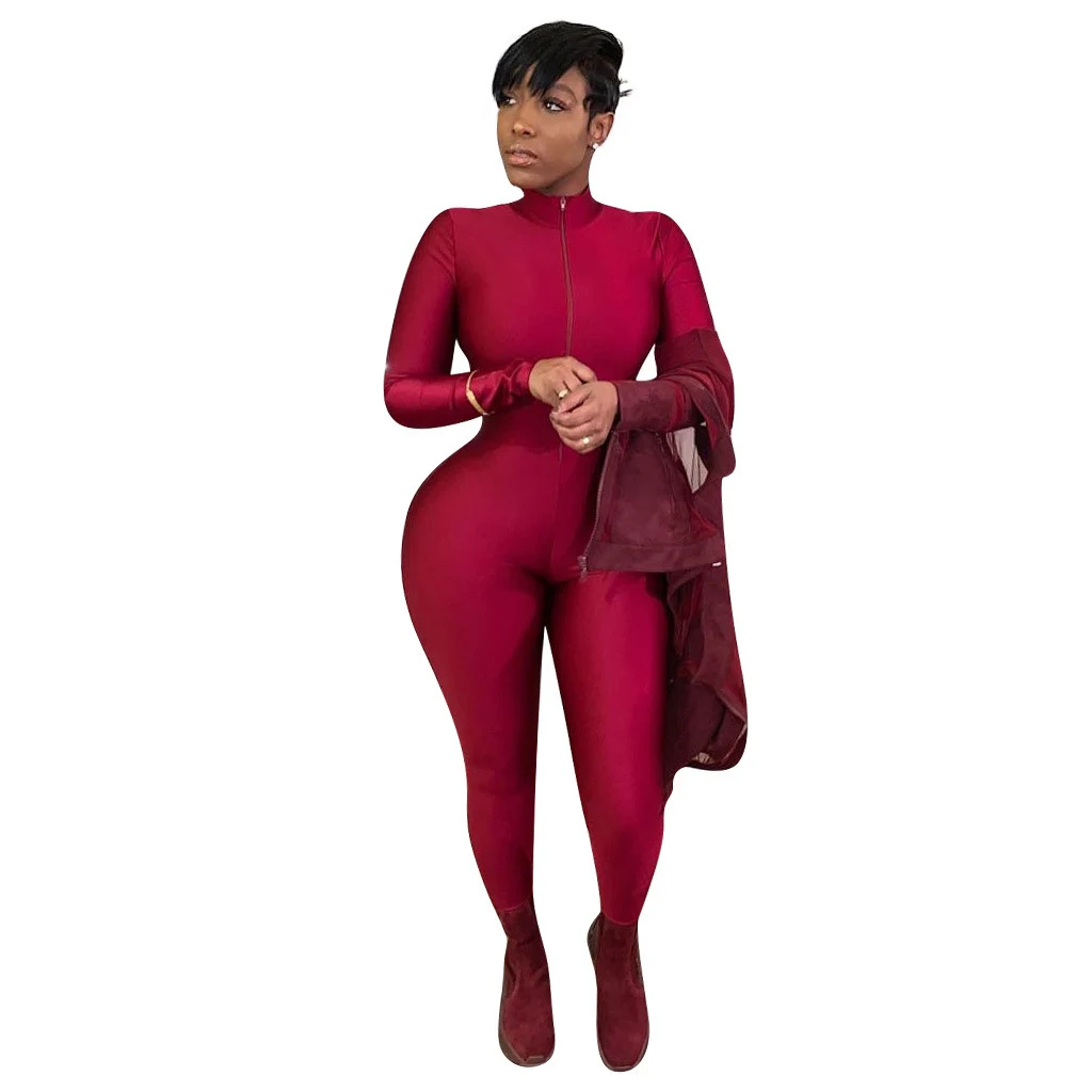 Dames effen kleur jumpsuit met lange rits, nauwsluitend en sexy met lange mouwen. Stijlvol en comfortabel voor een flatterende look. — foto 2