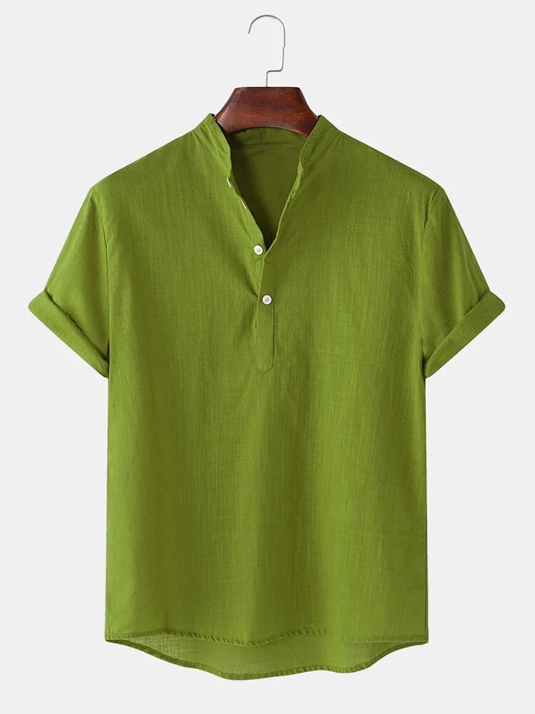 Men's Cotton And Linen Short Sleeve Shirt Stand Collar Casual Summer Solid Color Top, breathable and stylish for warm we — photo 3