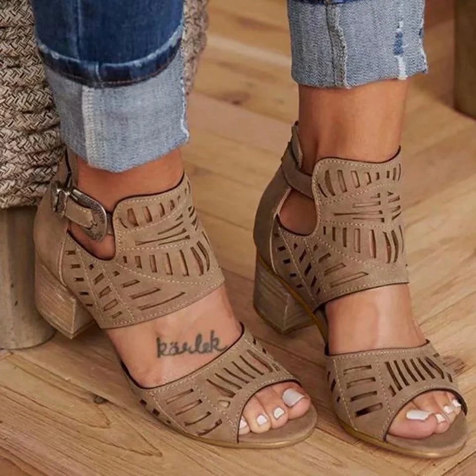 Title 3, Block Heel Cutout Back Zipper Buckle Sandals. S...