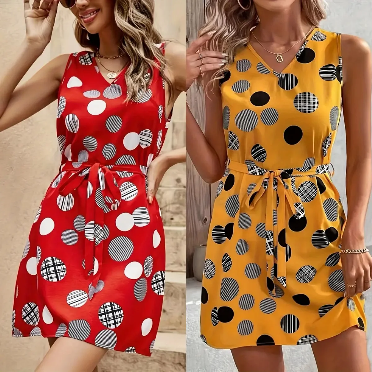 Title 12, Retro Printed Lace Up Waist-tight V-neck Mid-le...