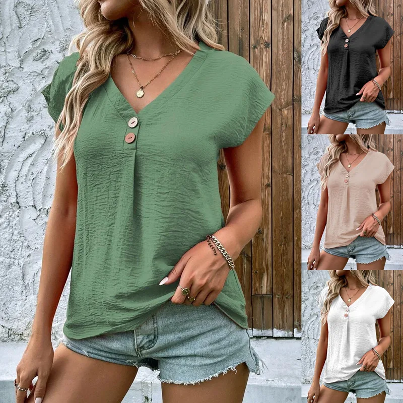 Camisa de mujer de moda con botones y color sólido manga corta perfecta para el verano, cómoda y elegante para cualquier ocasión casual o formal. — foto 9