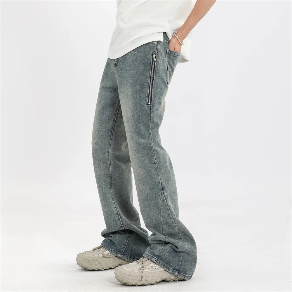 Erkek Dikiş Fermuarlı Mikro Slim Geniş Paça Pantolon, şık görünüm ve rahat kullanım sunan, modern erkek pantolonu. — Fotoğraf 5