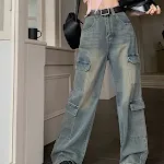 Calças jeans cargo retrô casuais femininas, perfeitas para um visual moderno e descontraído. Conforto e estilo para o dia a dia. — foto 1