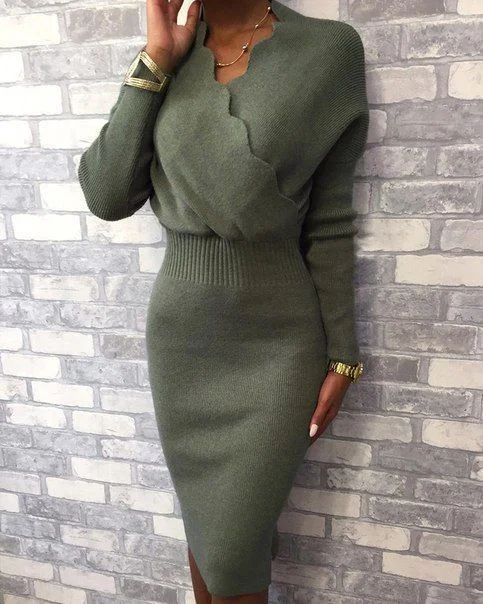 Title 6, New Knitted Dress Slim Fit V-neck Sweater Dress...