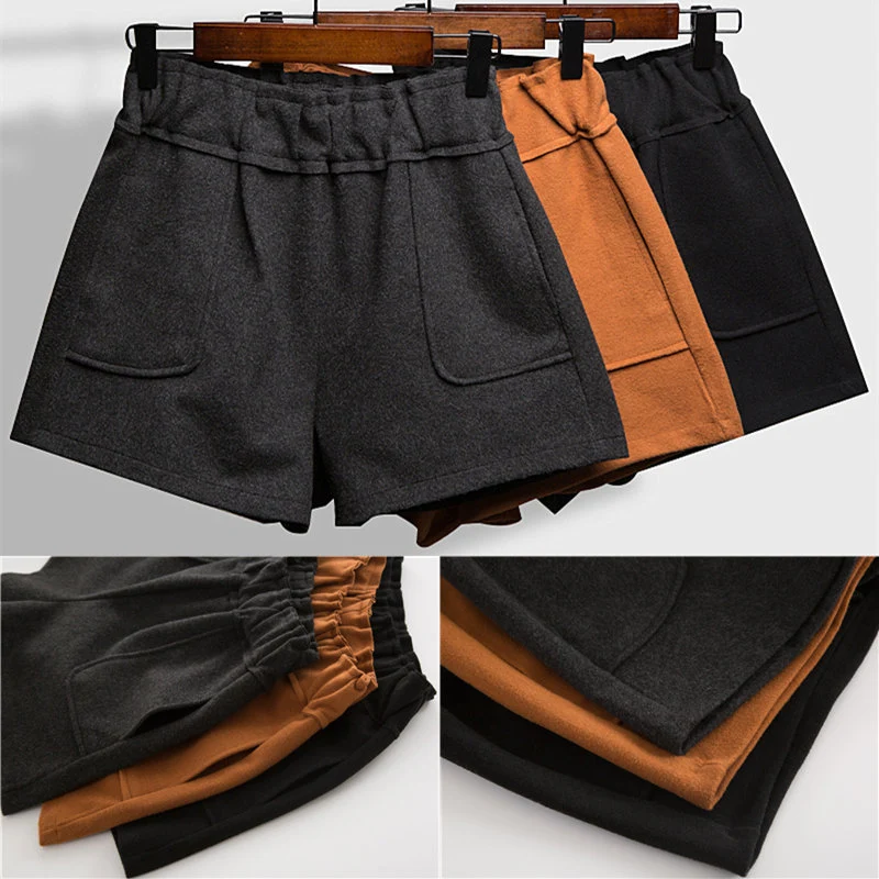 Shorts de lã femininos estilo coreano, cintura alta solta, combinações, emagrecimento, calças casuais de perna larga com botas externas. — foto 2