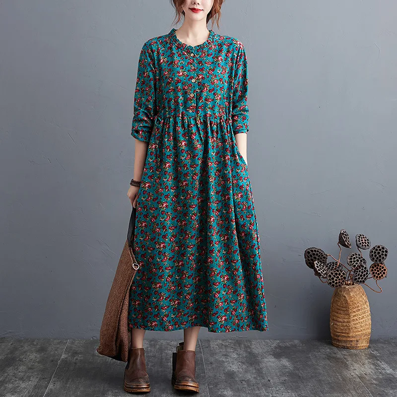 Vintage kunst grote bloemen katoen linnen jurk – Een luchtige en stijlvolle zomerjurk voor een relaxte, bohemien look, ideaal voor warme dagen — foto 6