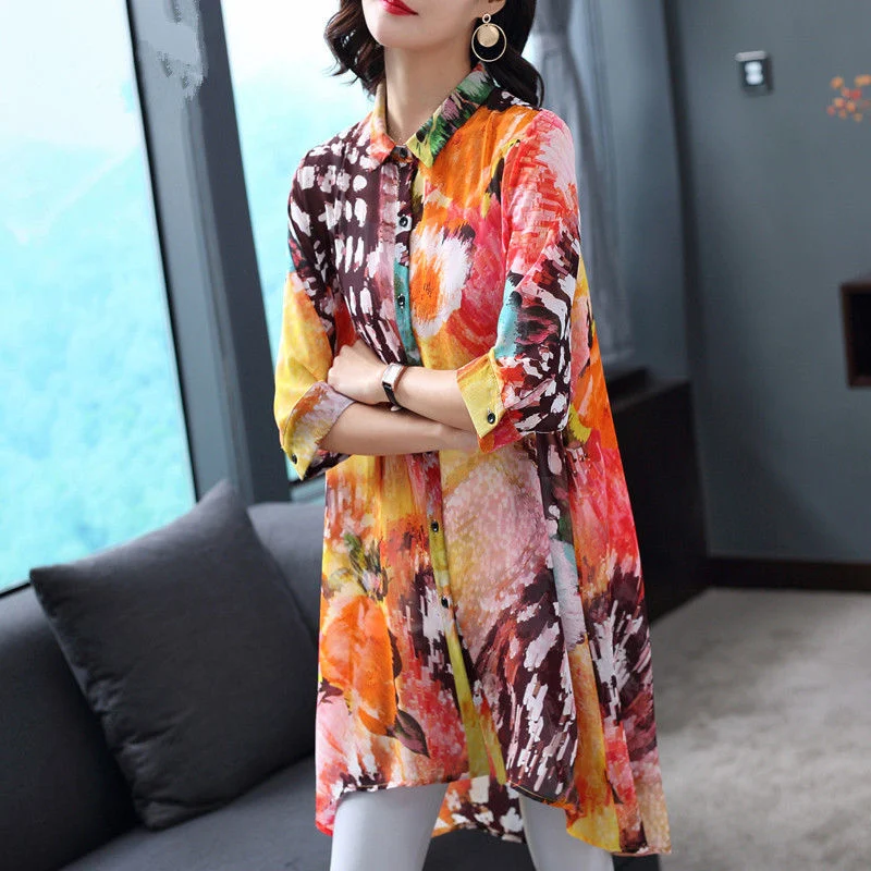 Title 4, Vintage colorful printed lapel high low chiffon...