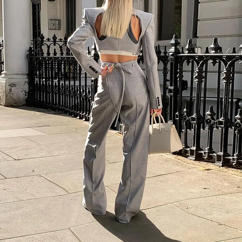 Women's Hollowed Out Lace-up Long-sleeved Top and Wide Leg Pants Two-piece Set. Stay stylish and comfortable with this v — photo 3