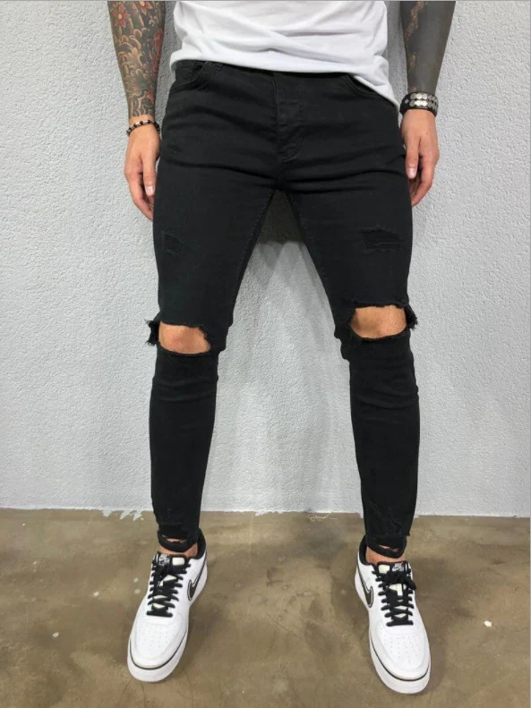 Heren Ripped Jeans met Elastische Voet, Nieuwe Trendy Stijl, Gescheurd Design, Comfortabele Pasvorm — foto 3