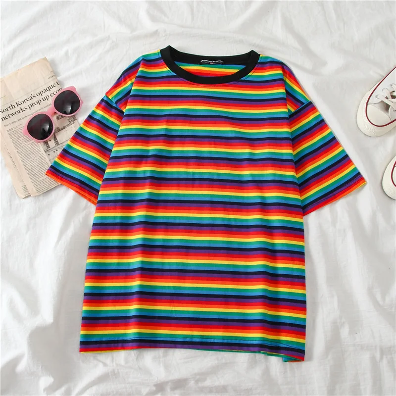 Hip Hop Neutral Loose Student Mid-length Striped Short-sleeved T-shirt For Women — photo 9