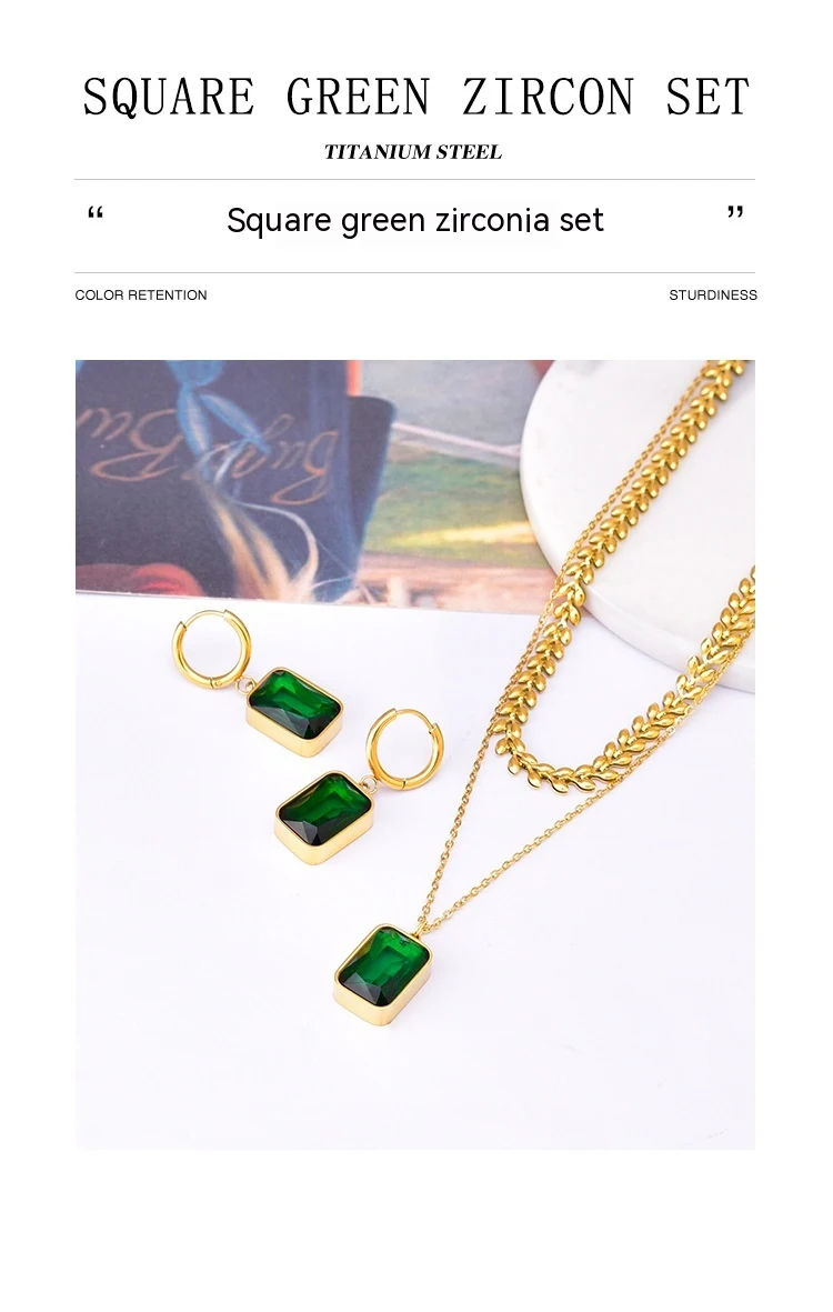 Conjunto feminino de colar e brincos Lvzuan de trigo esmeralda de camada dupla. Sofisticação e beleza para você brilhar. — foto 7