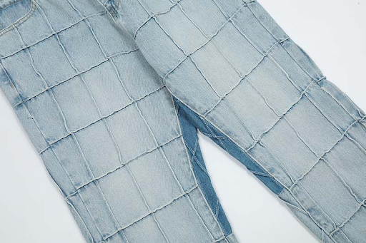 Title 12, Mens Patchwork Checked Raw Edge Jeans Loose St...