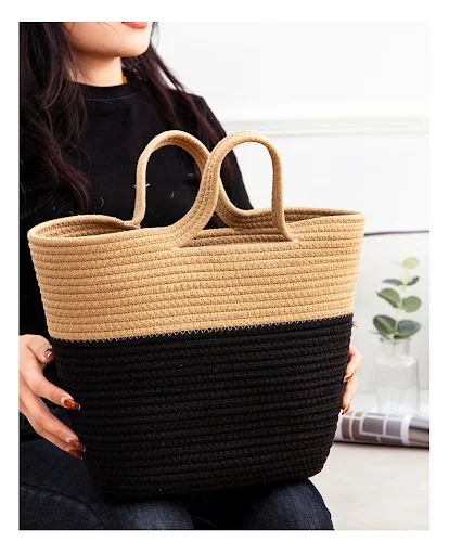Title 4, Fashion Color Blocking Straw Woven Cotton Bag. ...