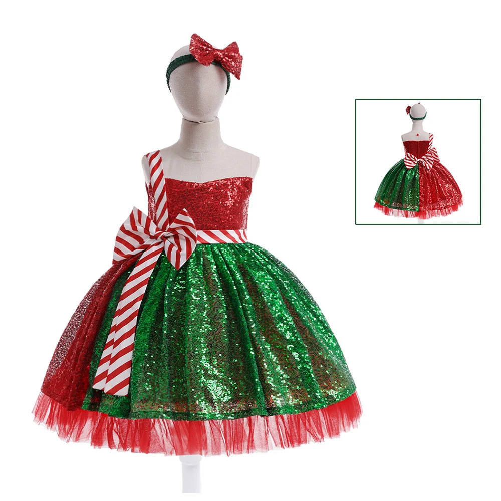 Vestido de Natal infantil com laço e lantejoulas para festas, ideal para celebrações natalinas com elegância e brilho especial — foto 3