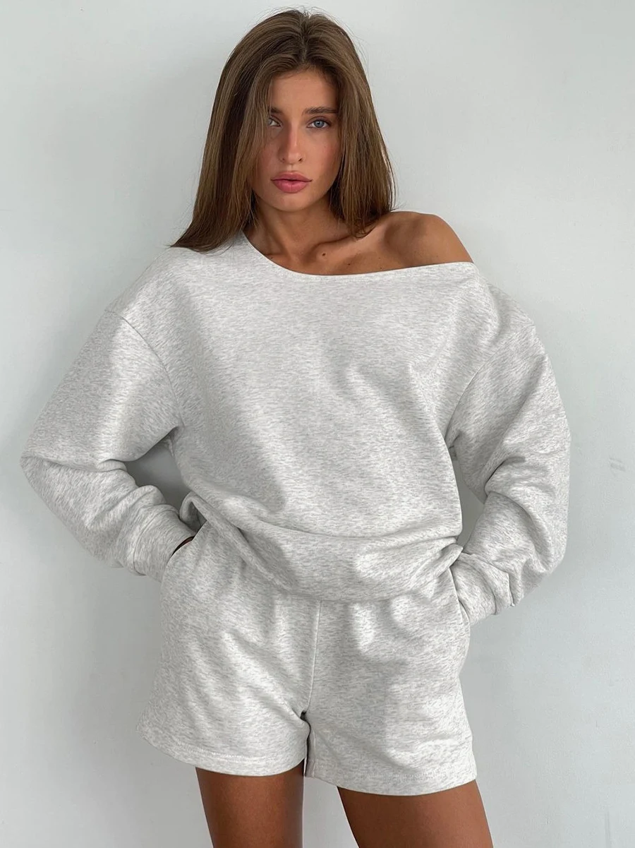 Damesmode casual tweedelig setje met lange mouwen top en shorts, perfect voor een comfortabele en stijlvolle look, geschikt voor elke dag. — foto 4