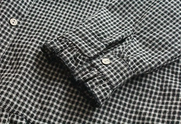 Title 8, Cotton and Linen Ruffled Plaid Lapel Long-sleev...