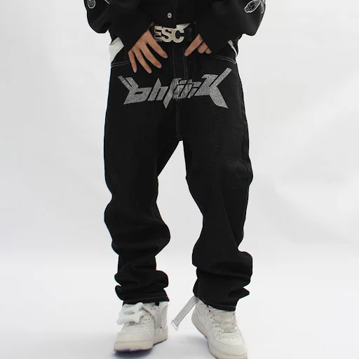 Title 2, Loose Straight Letter Print Mens Casual Jeans