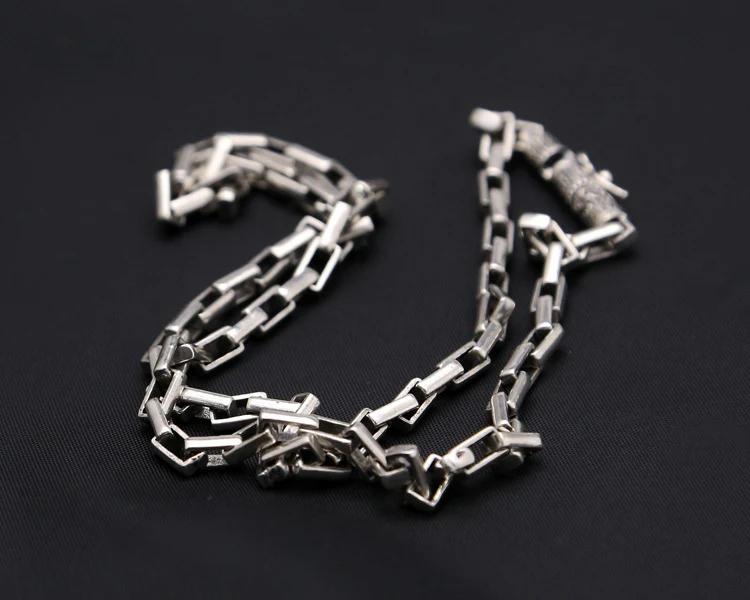 Colar masculino vintage em prata tailandesa pura S925, corrente box, anel de retenção argola, minério bruto. Design rústico e elegante. — foto 5
