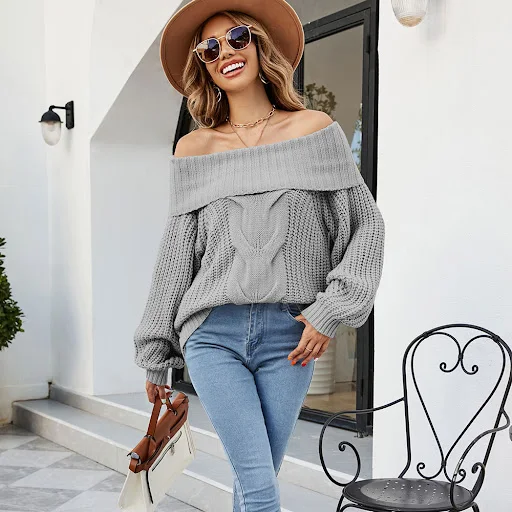 Title 2, Modischer schulterfreier Twisted Rope-Pullover ...