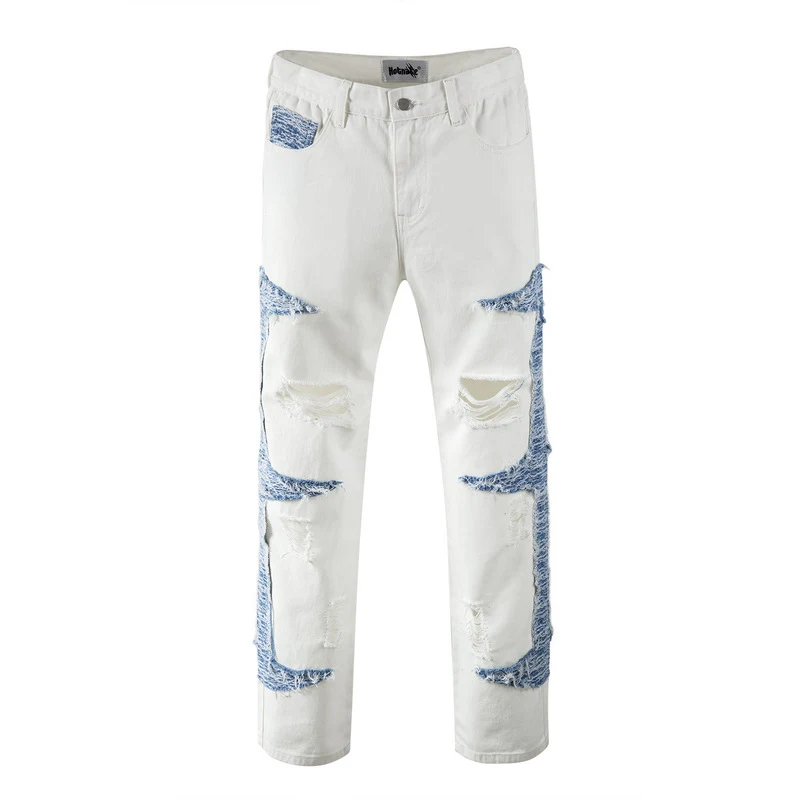 Casual jeans met contrastrijke ripped panelen, rechte pijpen. Comfortabel en stijlvol voor een relaxte look. Perfect voor dagelijks gebruik. — foto 5