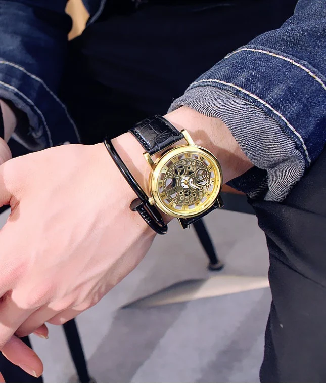 Relógio GENVIVIA luxuoso masculino, aço inoxidável vazado e pulseira de couro. Design elegante e sofisticado. Qualidade superior para homens exigentes. — foto 3