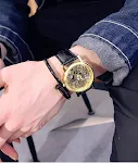 Relógio GENVIVIA luxuoso masculino, aço inoxidável vazado e pulseira de couro. Design elegante e sofisticado. Qualidade superior para homens exigentes. — foto 3