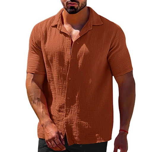 Title 4, Solid color short sleeve button mens linen shi...