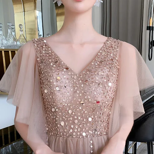 Title 9, Champagne V-neck Banquet Evening Dress For Host...