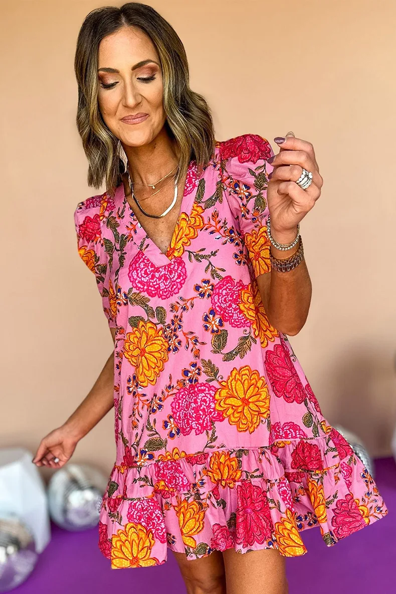 Women's Fashion Flower Printed V-neck Pleating Dress — photo 16