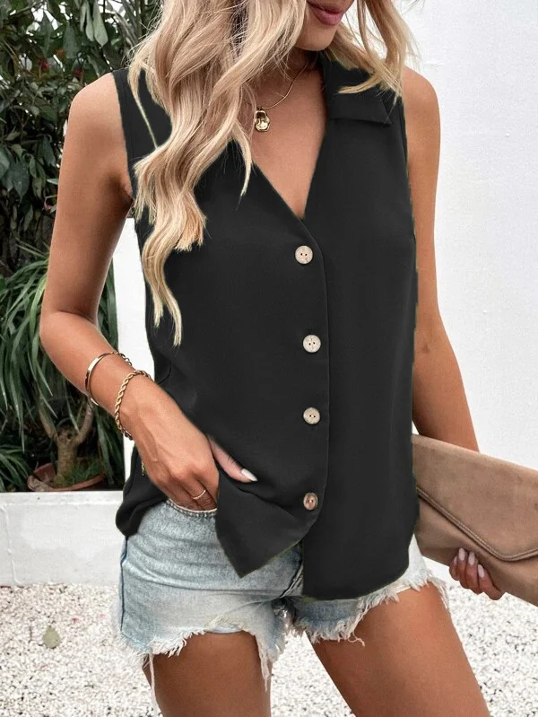 Camisa feminina de chiffon solta, cor sólida, decote em V, sem mangas, com botões, ideal para um visual leve e elegante, perfeita para o verão. — foto 5