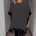 Voorborst Ronde hals Losse korte mouwen Vleermuismouw Effen kleur Stiksels T-shirt — foto 12