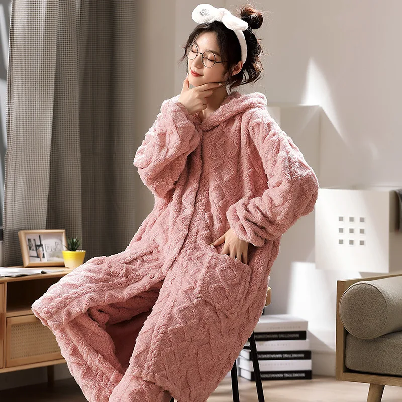 Title 5, Flannel Thickened Long Jacquard Hooded Home Ser...