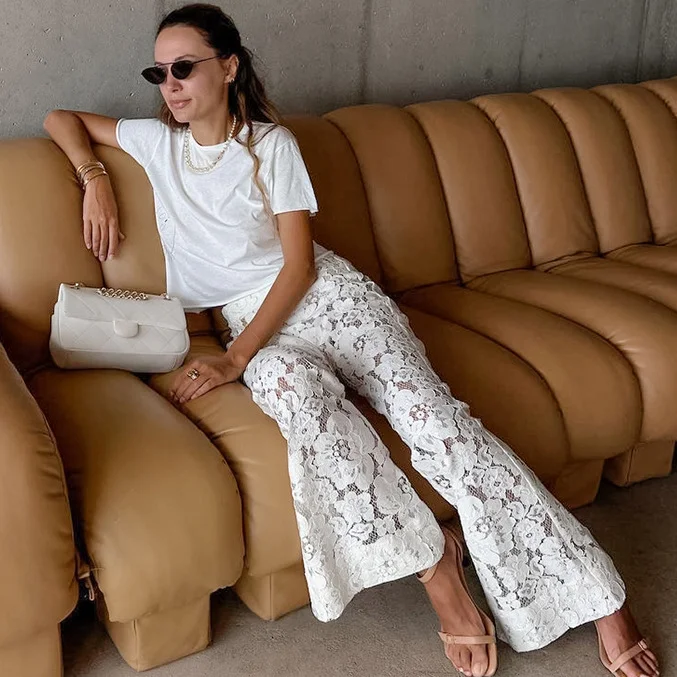 White Cotton Lace Jacquard See-through High Waist Casual Flared Pants – Perfect for a comfortable and stylish everyday l — photo 2