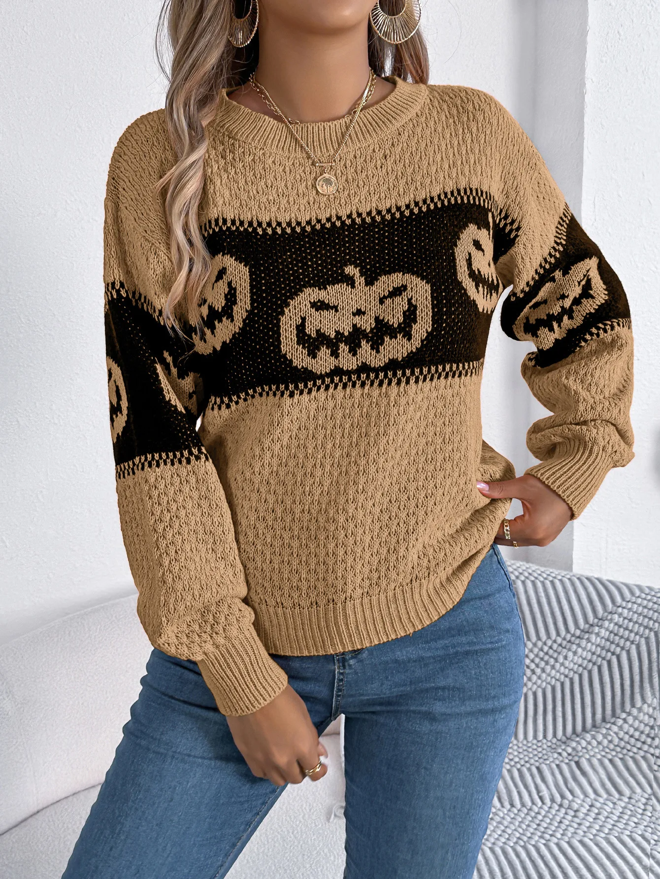 Suéter de Abóbora de Halloween Feminino Manga Longa Tricô Roupas Tops Moda Outono Inverno Confortável e Quente Blusa — foto 7