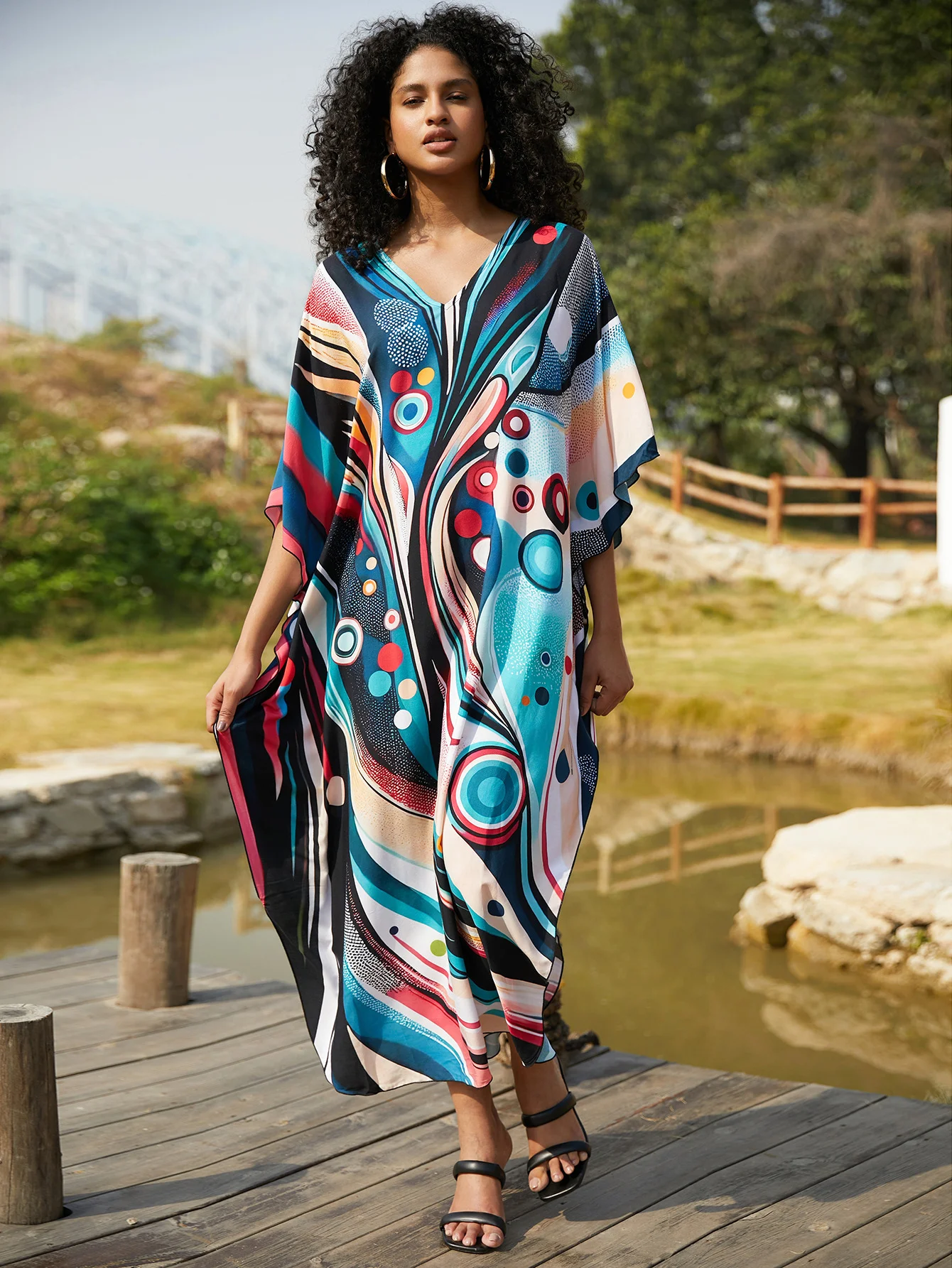 Title 9, Rayon Positioning Print Loose Plus Size Long Dr...