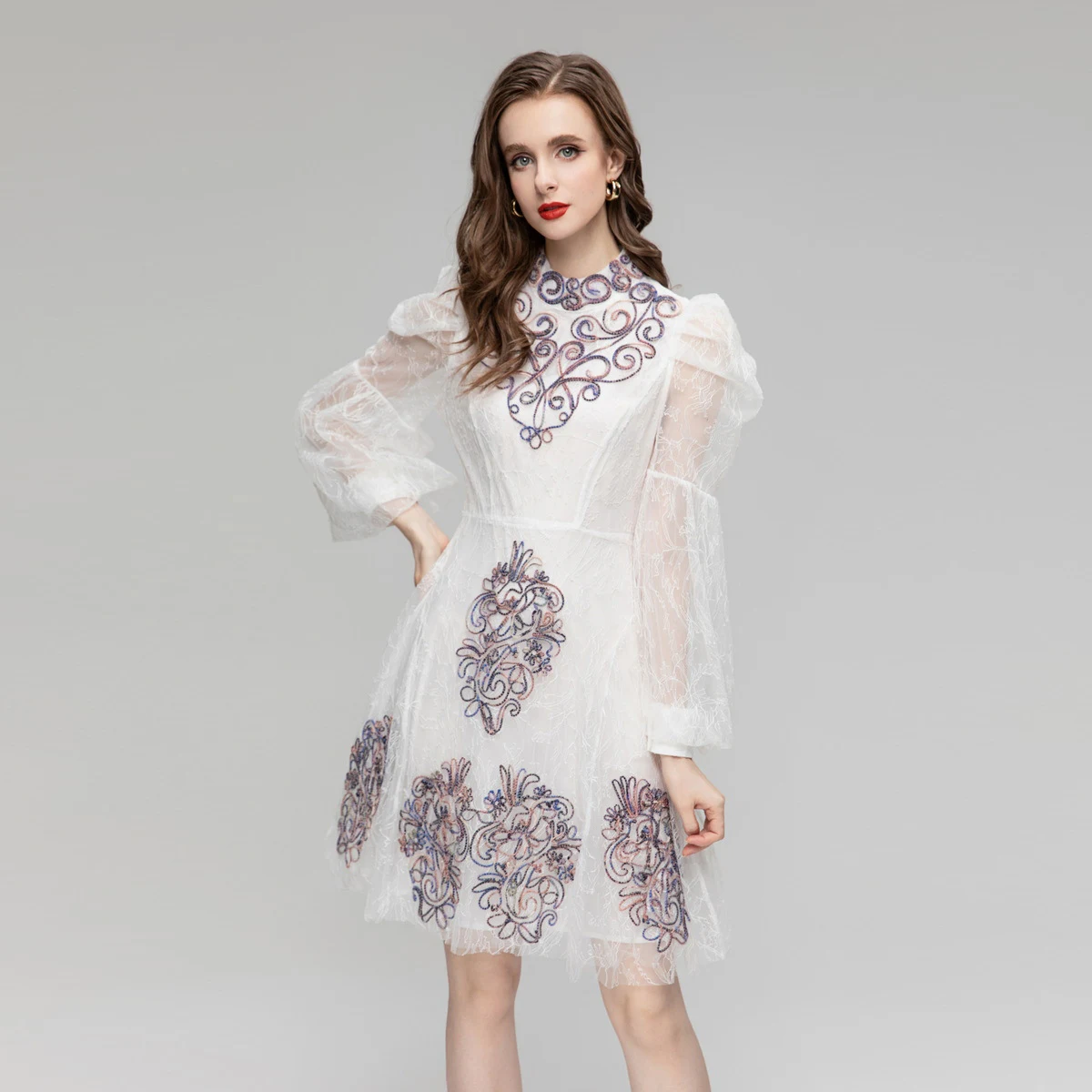 Title 2, Heavy Industry Plate Flower Mesh Long Sleeve Dress