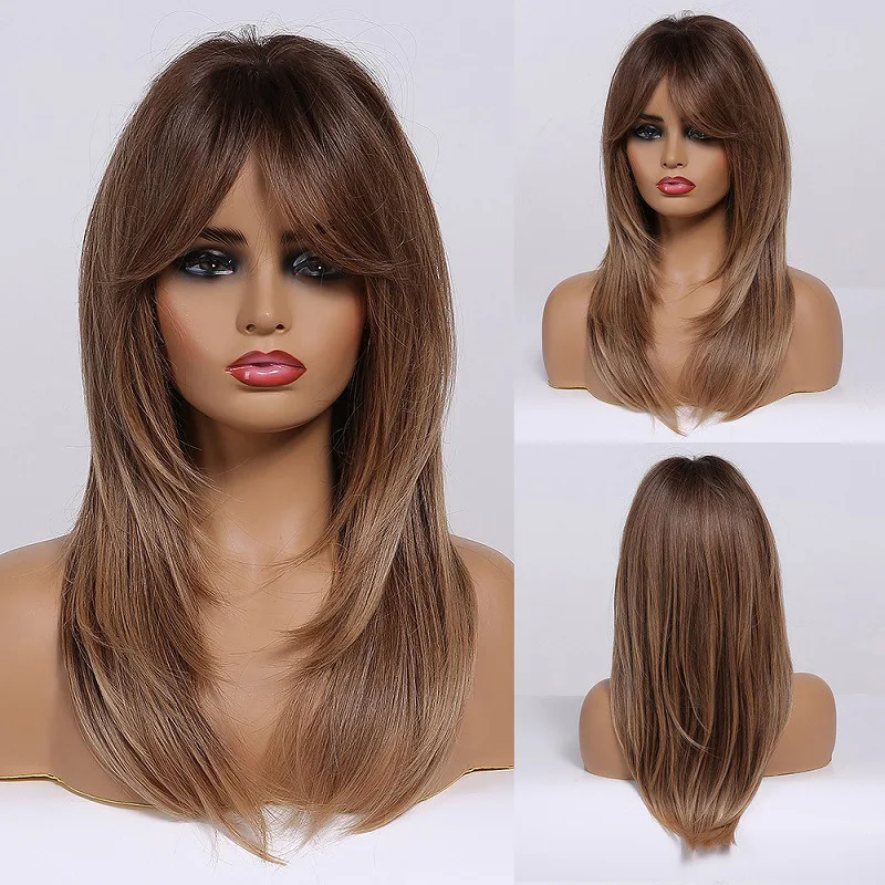 Peruca de cabelo liso de comprimento médio com gradiente dourado, preto e marrom. Mude seu visual com esta peruca elegante e versátil. — foto 13