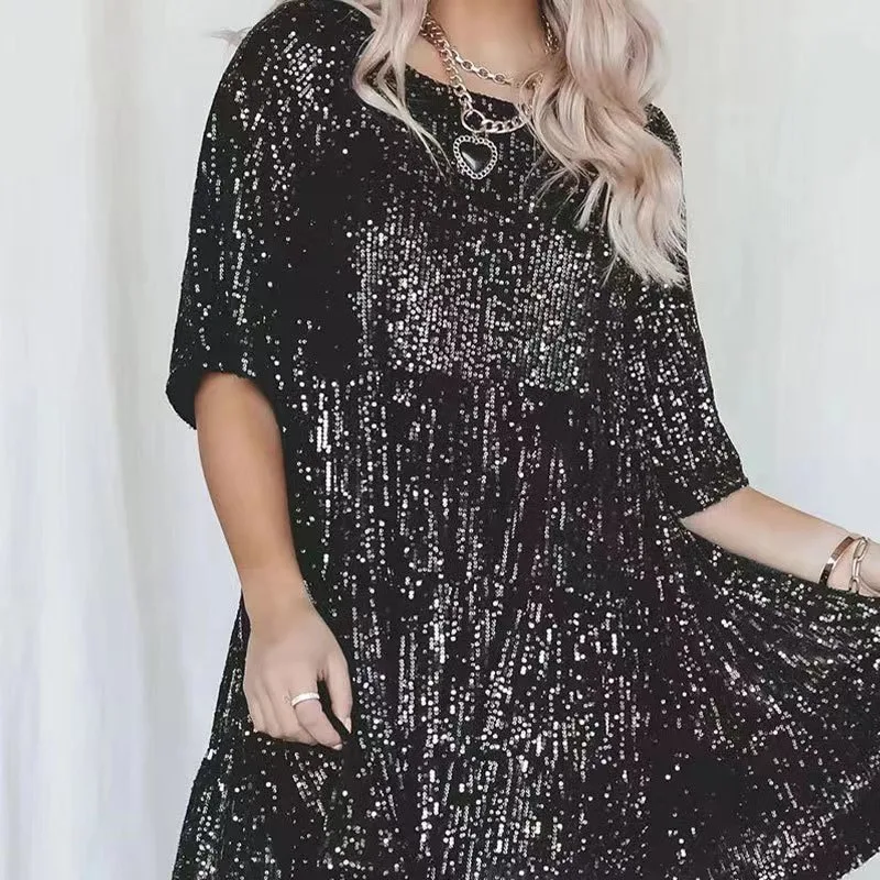 Fashionable Sequins Round Neck Dress with a loose waist, short sleeves, and skirt, offering style and comfort for a stun — photo 17