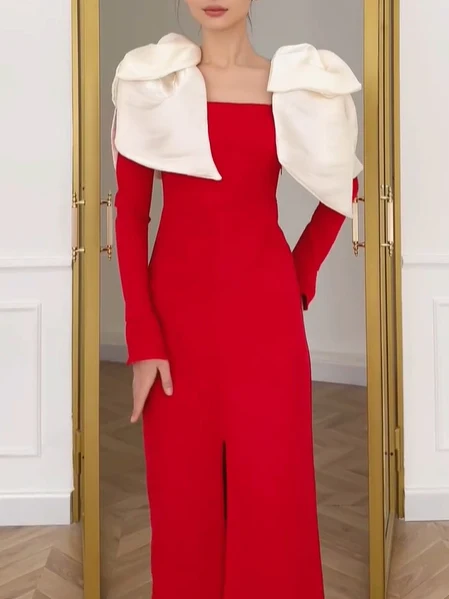 Title 2, Contrast Color Bow Long Sleeve Dress