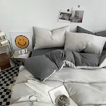 Conjunto de roupa de cama de algodão lavado com blocos de cores simples e versátil, macio e respirável, para noites de sono confortáveis. — foto 14