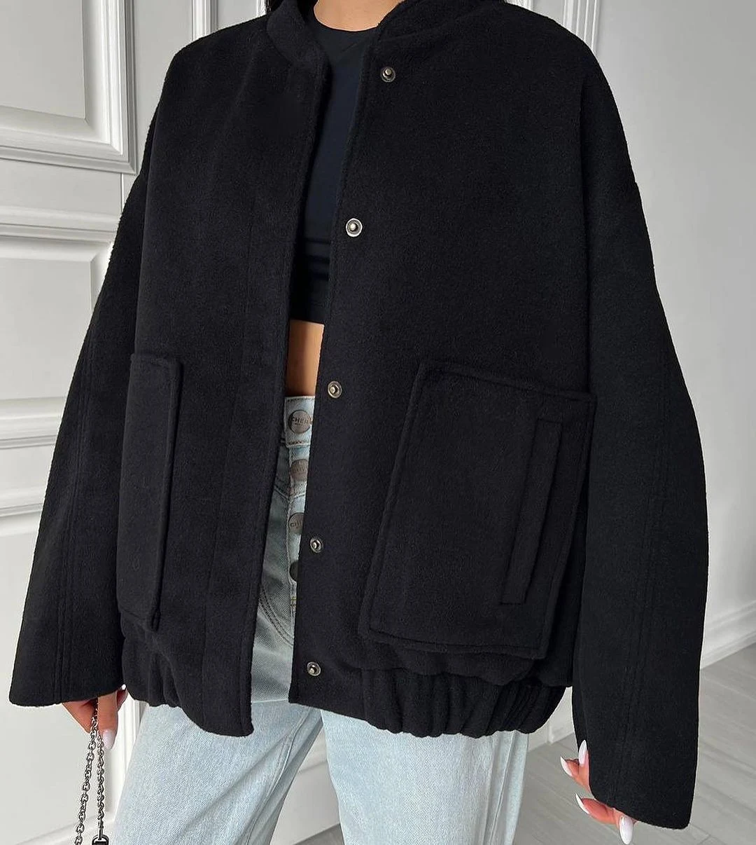 Loose casual European and American style women's coat with stand collar, large pockets, solid color, offering comfort an — photo 3